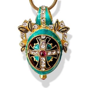 Cross Silver Turquoise Enamel Religious Faberge Egg Pendant Garnets Swarovski